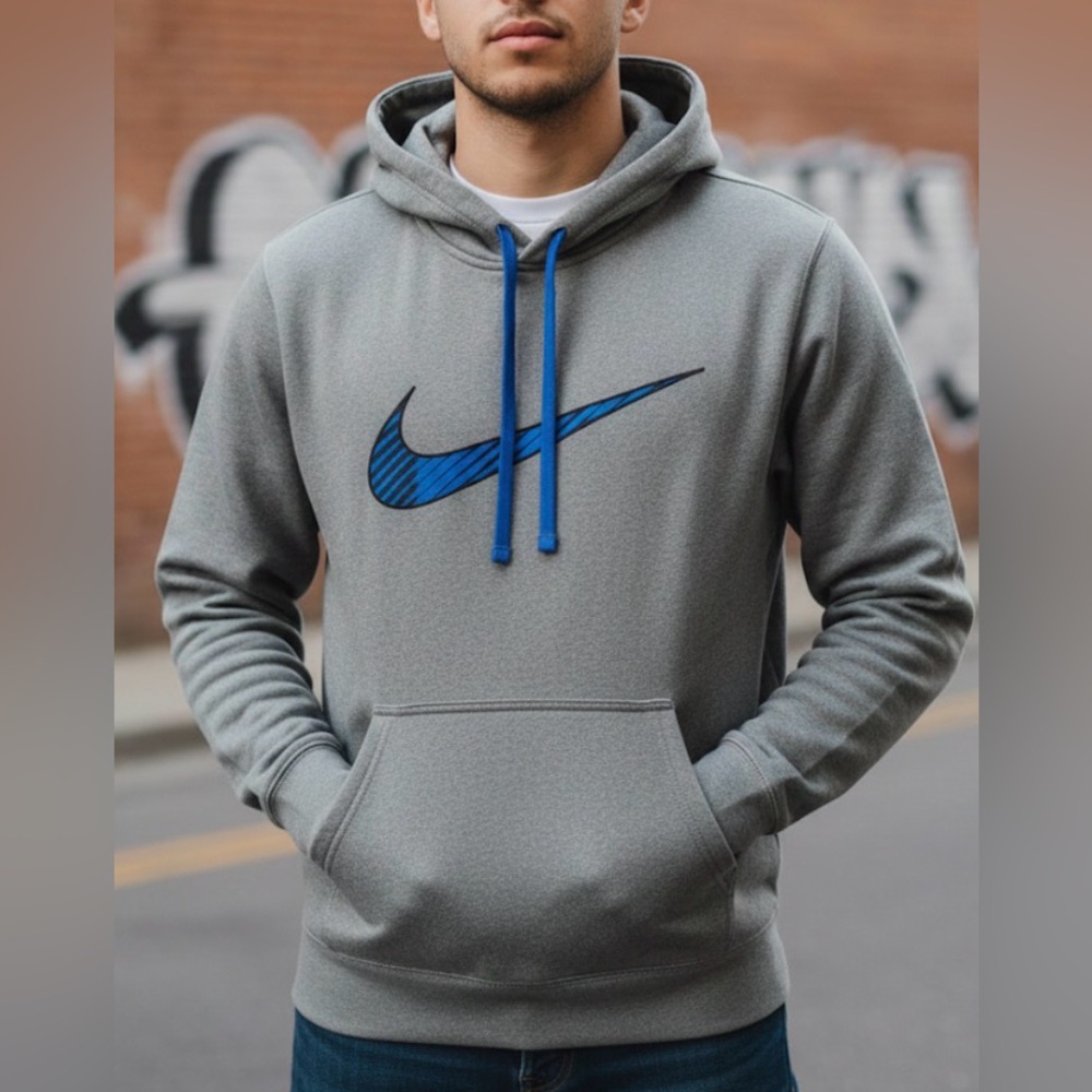 Nike Therma-Fit Logo Hoodie Size Medium Grey & Blue